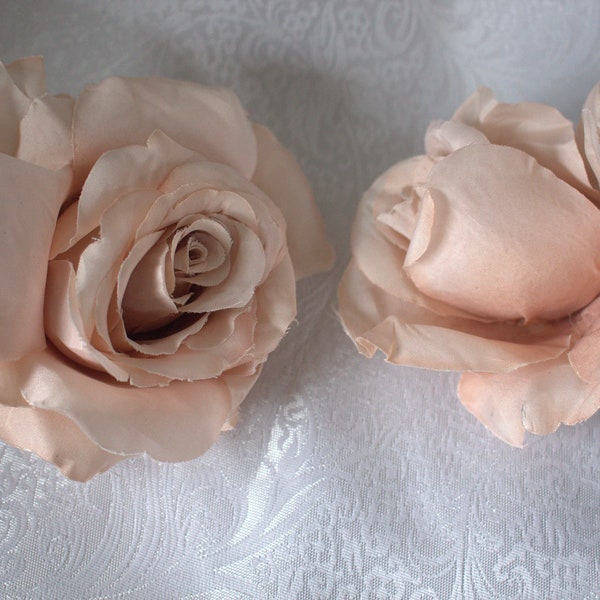2 Taupe/Beige Silk Roses with wire Stems
