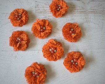 2" fleurs orange en mousseline de soie pois noirs, perles orange et strass-Halloween, serre-tête fleur, costume de fleur, artisanat fleur-8 fleurs