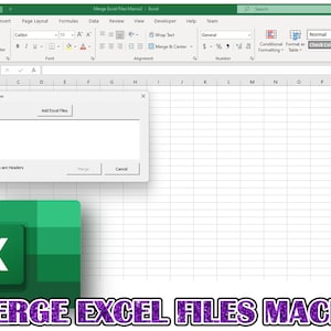 Może przedstawiać: Zrzut ekranu arkusza kalkulacyjnego Microsoft Excel z wyskakującym oknem zatytułowanym "Scalanie plików formularza". Okno wyskakujące zawiera pole tekstowe oznaczone jako "Dodaj pliki Excel" i pole wyboru oznaczone jako "Pierwsze wiersze to nagłówki". Arkusz kalkulacyjny ma zielone "X" w lewym górnym rogu i tekst "SCALANIE PLIKÓW EXCEL MACRO" dużymi fioletowymi literami na dole.