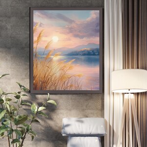 Póster de bellas artes "Atardecer en el lago", impresión artística de un horizonte rosa que refleja el lago, obra de arte de paisaje al aire libre, arte para sala de estar, comedor, decoración del hogar