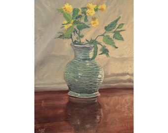 Still life oil painting. Impasto. Thick paint. Flowers in Jug