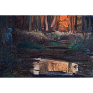 May include: A painting depicting a forest scene with a figure in the foreground. The trees are silhouetted against a bright orange sunset. A small stream of water reflects the sunset in the foreground.