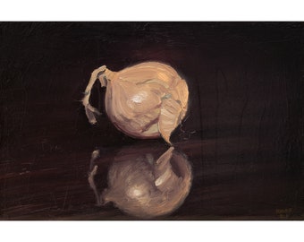 Still life oil painting. Onion. Alla prima. Impasto