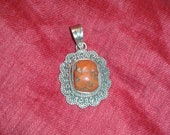 Solid sterling silver red orange coral Indian unisex cabochon organic gemstone pendant ethnic boutique jewellery large bold foreign