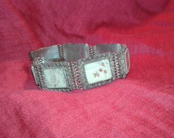 Solid silver antique Sino - Persian ox co bone handpainted panel bracelet with Chinese characters