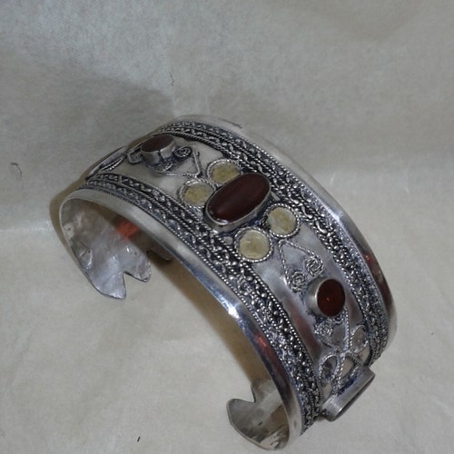 Turkish solid shops sterling silver and gold carnelian cabochon gemstone tribal ethnic bangle bracelet unisex jewellery fashion vintage bracelet
