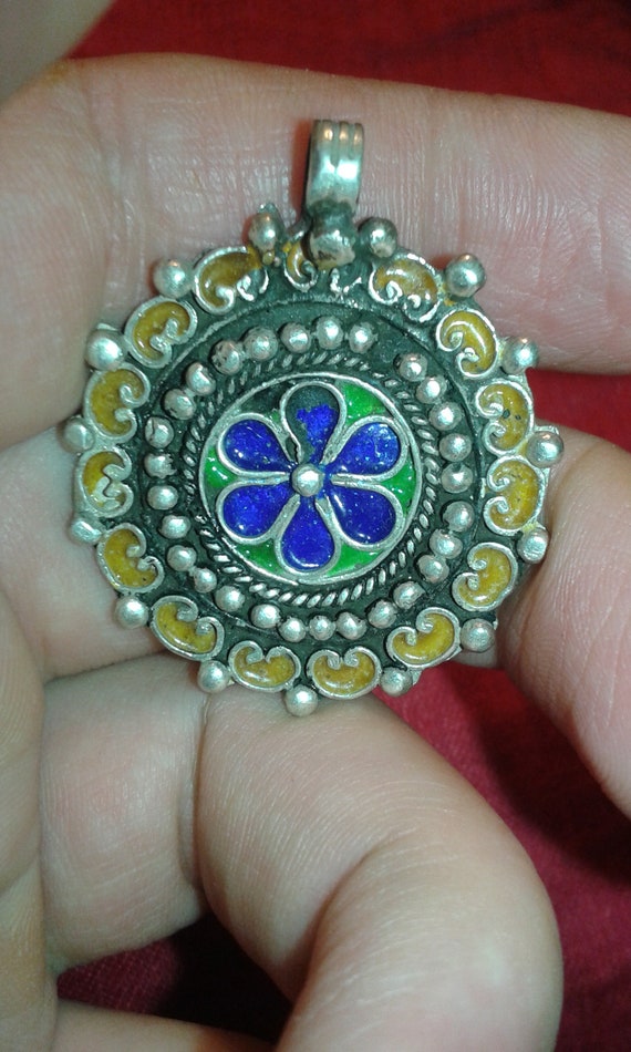 Solid silver Moroccan Tiznit hand applied blue gr… - image 3