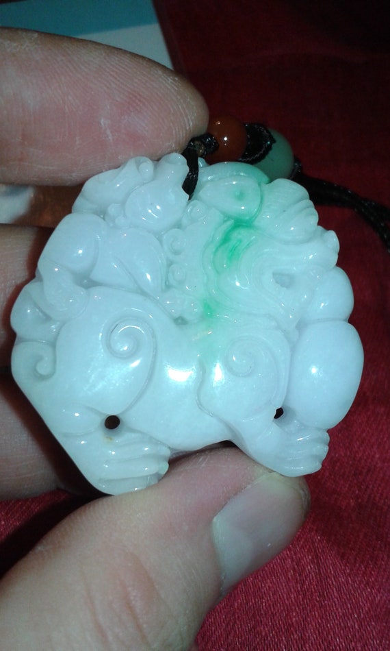 Untreated A Jadeite Jade PiXiu carving Kylin pend… - image 4
