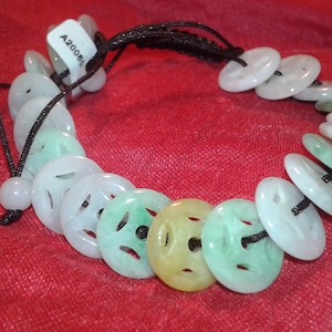 Jadeite A Jade untreated natural Earth mined gemstone coin shaped handmade bead bracelet adjustable cord unisex boys girls jewelry