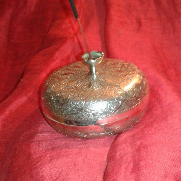 Antique Sino Indian solid sterling silver high detail silverwork incense cone and stock holder storage box