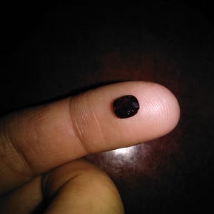 May include: A small, dark oval gemstone, possibly a garnet, is shown resting on a fingertip. The gem has a deep, rich colour, appearing almost black in the dim lighting. The image focuses on the gem's polished surface.