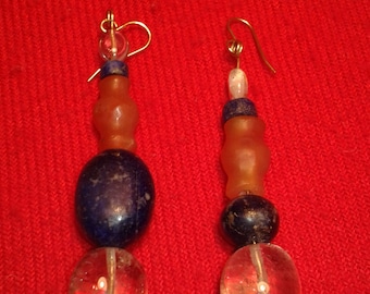 Handmade Egyptian antique bead drop earrings Rock crystal pool of light Carnelian Lapis Lazuli gold wire  Ancient style theme jewellery