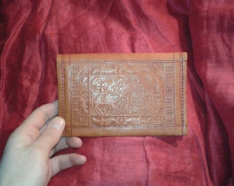 Egyptian red sand coloured purse wallet handmade leather imagery of Cairo camel rider Palm trees blue lotus mosque buildings artisan boho