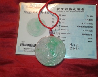 Untreated Jadeite A Jade earth mined natural gemstone disc medallion Chinese alphabet blessing symbol