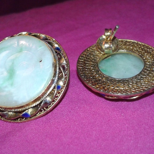 Untreated Jadeite shops A Jade solid sterling silver gold gilt and blue enamel earrings round disc gemstones Chinese Oriental ladies womens