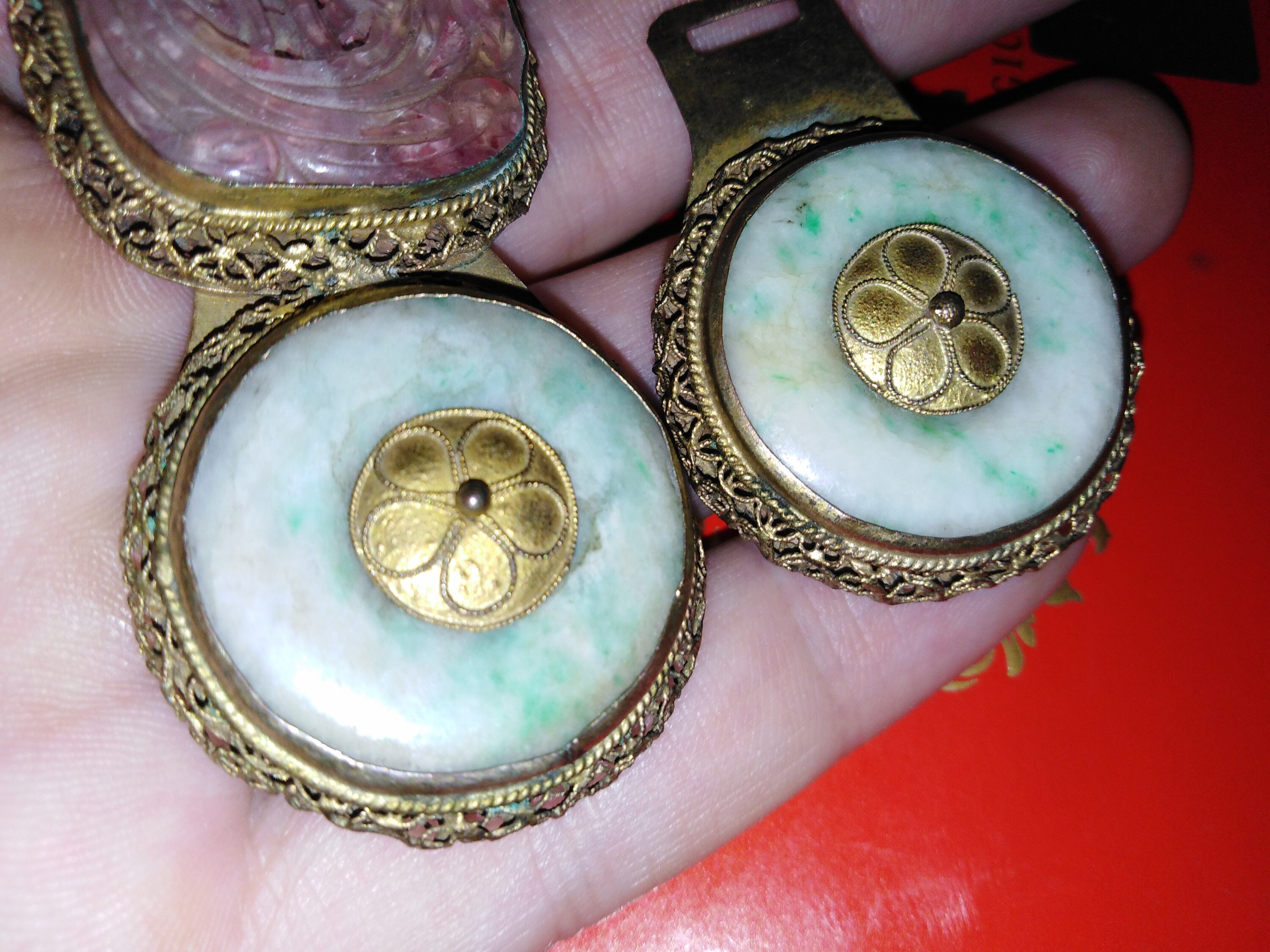 Antique Chinese Gilt Metal Jadeite Jade and Rose Pink Quartz 