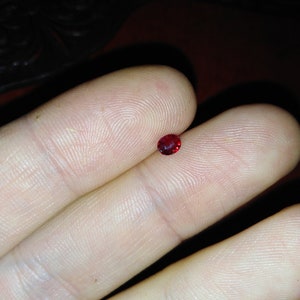 May include: A small, oval-shaped, deep red gemstone. The gem is held between two fingers, showcasing its polished surface and vibrant color. The background is a dark, blurred surface.