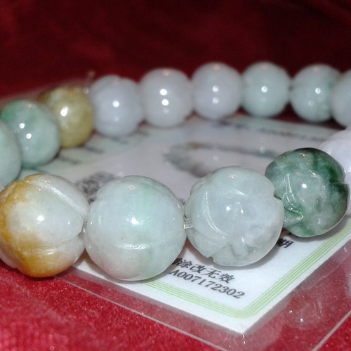 Untreated Jadeite Jade lotus flower carving bead shops elastic stretchy bracelet green yellow honey white natural women's bracelet