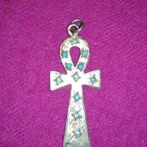 Vintage solid sterling silver with gold gilt / wash Egyptian Ankh with turquoise cabochons precious metal Ancient jewellery