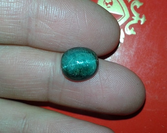 May include: A round, polished, teal-colored gemstone. The stone has a reflective, shimmering quality, with visible internal striations. The gem is held between two fingers against a red background, suggesting a jewelry or craft item.