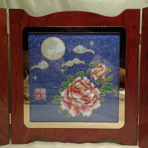 Chinese decorative traditional silk brocade set into wooden frame with glass window , opens as a book , artisanal Chinoiserie , fine gift