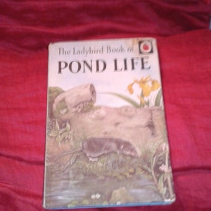 Puede incluir: Un libro Ladybird vintage titulado "Pond Life" con una colorida ilustración de una escena de estanque. La portada presenta un topo, un tronco y flores amarillas. El libro está sobre un fondo rojo.