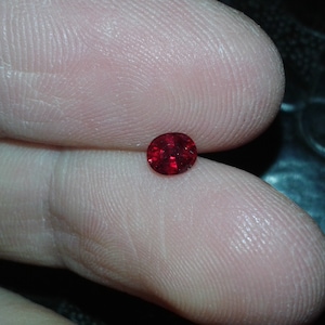 May include: A small, round, faceted red gemstone, likely a ruby or garnet, held between two fingers. The gem sparkles with internal reflections, showcasing its deep red color and polished surface. The image is a close-up, highlighting the gem's details.