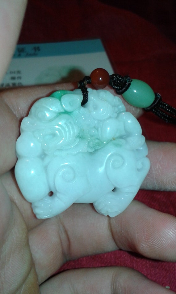 Untreated A Jadeite Jade PiXiu carving Kylin pend… - image 6