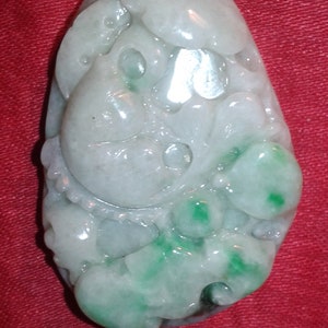 Jadeite A Jade untreated Koi carp fish and RuYi relief carved handmade artisan Oriental gemstone pendant unisex collectable carved gem