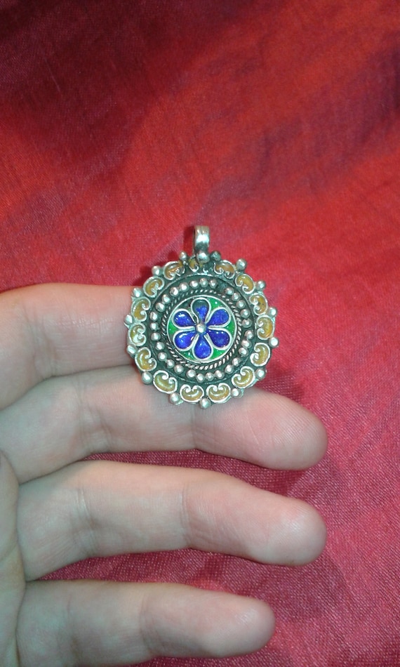 Solid silver Moroccan Tiznit hand applied blue gr… - image 1