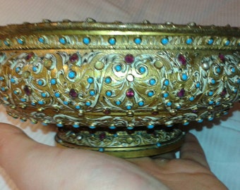 1700s-1800s Austro-Hungarian Gold gilt brass bowl encrusted with uncultured split pearls,faux garnet and faux turquoise Burmese style art