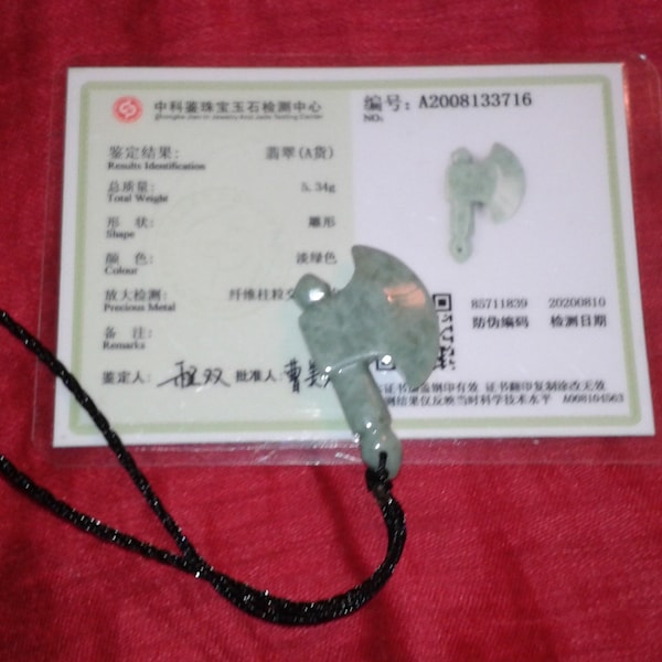 Untreated Jadeite Jade Wushu Kung Fu hand axe shaped pendant handmade unisex martial arts jewellery with certificate