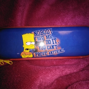 May include: Blue glasses case with Bart Simpson graphic and the text "NOBODY SAW ME DO IT. YOU CAN'T PROVE ANYTHING." The case has a yellow zip and red trim.