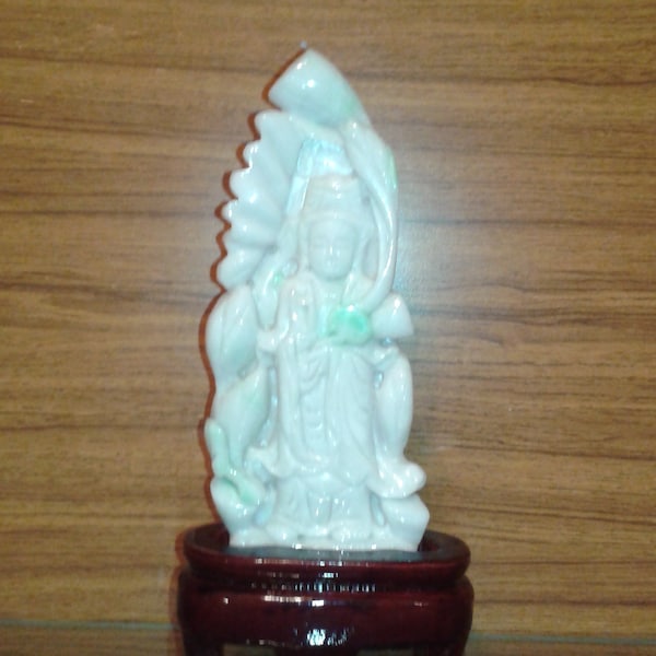 Kwan Yin Guan Yin Carving (A) Jadeite Jade untreated material , hand carved artwork wooden stand base chromium greens floral bouquet in hand