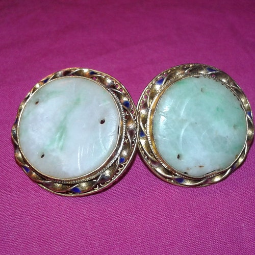 Untreated Jadeite shops A Jade solid sterling silver gold gilt and blue enamel earrings round disc gemstones Chinese Oriental ladies womens