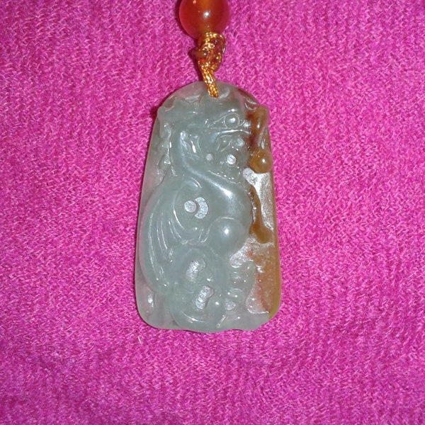 Translucent Tiger Orange and rainy day grey untreated Jadeite A Jade Chinese Dragon pendant - natural gemstone Earth mined rock Blargian Red