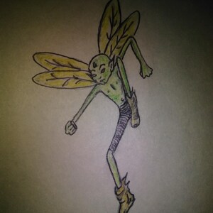 May include: A hand-drawn illustration of a green fairy with yellow wings and boots. The fairy has a slender build, with long arms and legs. Its wings are leaf-shaped, and it is wearing striped trousers.