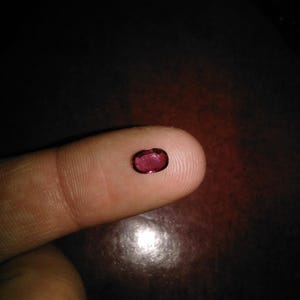 May include: A small, oval-shaped, deep red gemstone. The gem is held on a fingertip, showcasing its polished surface and rich color. The background is dark, emphasizing the gem's brilliance.