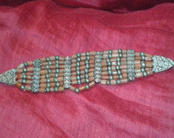 Solid silver antique coral barrel bead multi strand ethnic handmade bracelet artisan design natural untreated coral