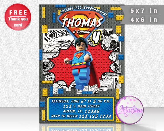 Artículos similares a Superman Lego Invitación 