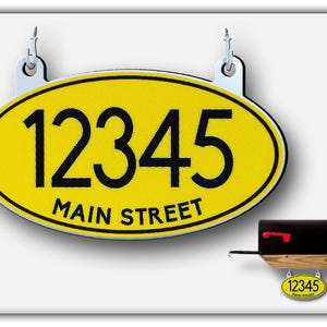 Reflective House Number Sign: Yellow Oval Hanging Mailbox Plaque, Made in USA
