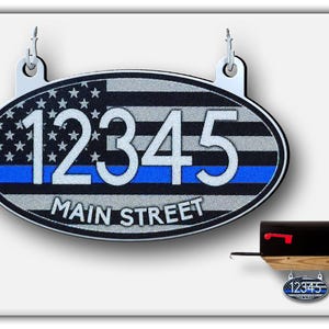 Reflective House Number Sign: Aluminum Oval Mailbox Address, Thin Blue Line