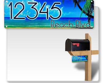 Custom Reflective 911 Address Sign: Aluminum Composite, Beach Design