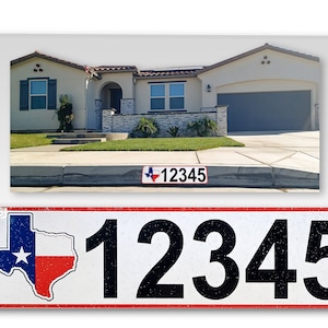 May include: A white and red Texas flag with a white star on a white background with black numbers 12345 on a red and white sign. The sign is mounted on a white wall.