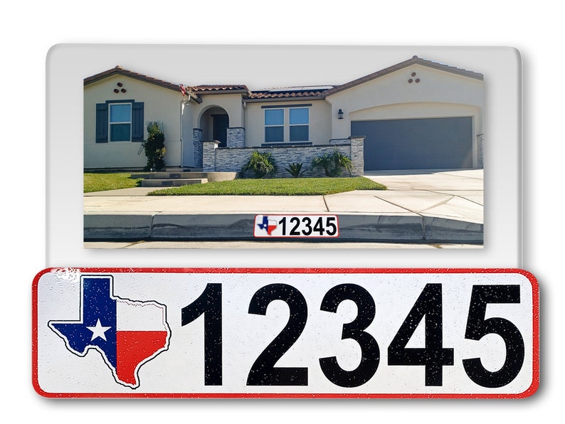 May include: A white and red Texas flag with a white star on a white background with black numbers 12345 on a red and white sign. The sign is mounted on a white wall.