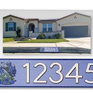 May include: A blue and white house number sign with a Texas bluebonnet and mockingbird design. The sign reads "12345".