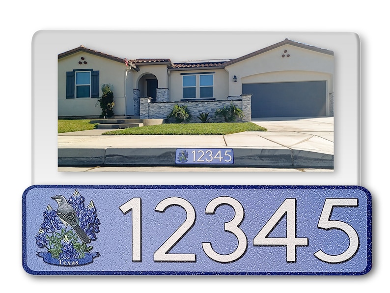 May include: A blue and white house number sign with a Texas bluebonnet and mockingbird design. The sign reads "12345".