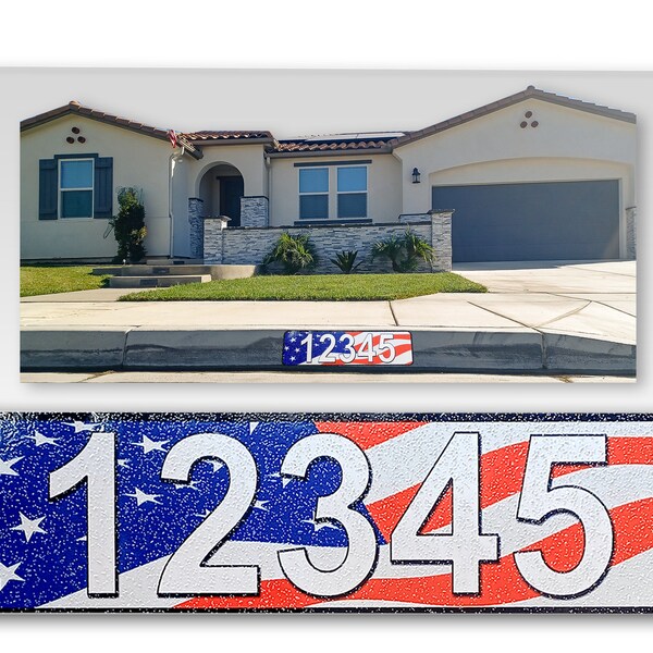 Curb-N-Sign®, Curb-Wrap®, Custom Curb Numbers, Reflective Curb Stickers, easy peel and stick, American Flag waiving