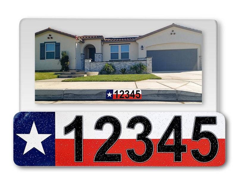 May include: A red, white, and blue Texas flag house number sign with the number 12345 in black. The sign is made of metal and has a distressed look.