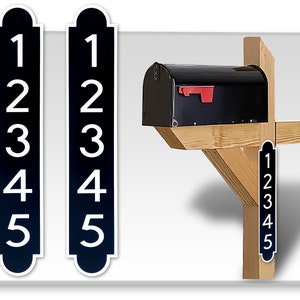 May include: Two black vertical signs with white numbers 1 through 5 on each sign. A black mailbox with a red flag is mounted on a wooden post. The signs are attached to the post.